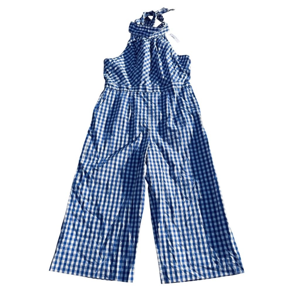 NWT J Crew High Neck Jumpsuit Blue Gingham Cotton Poplin Wide Leg Size 16 Preppy